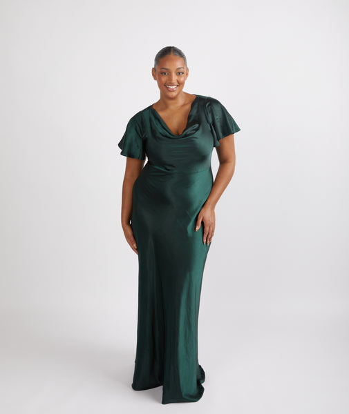 belly green dress episode 6 Cowl Front Satin Short Sleeve Bridesmaid - Emerald Ruched & Ready It Hidden back zipper colorful bridal gown Color:Brown Leopard Print