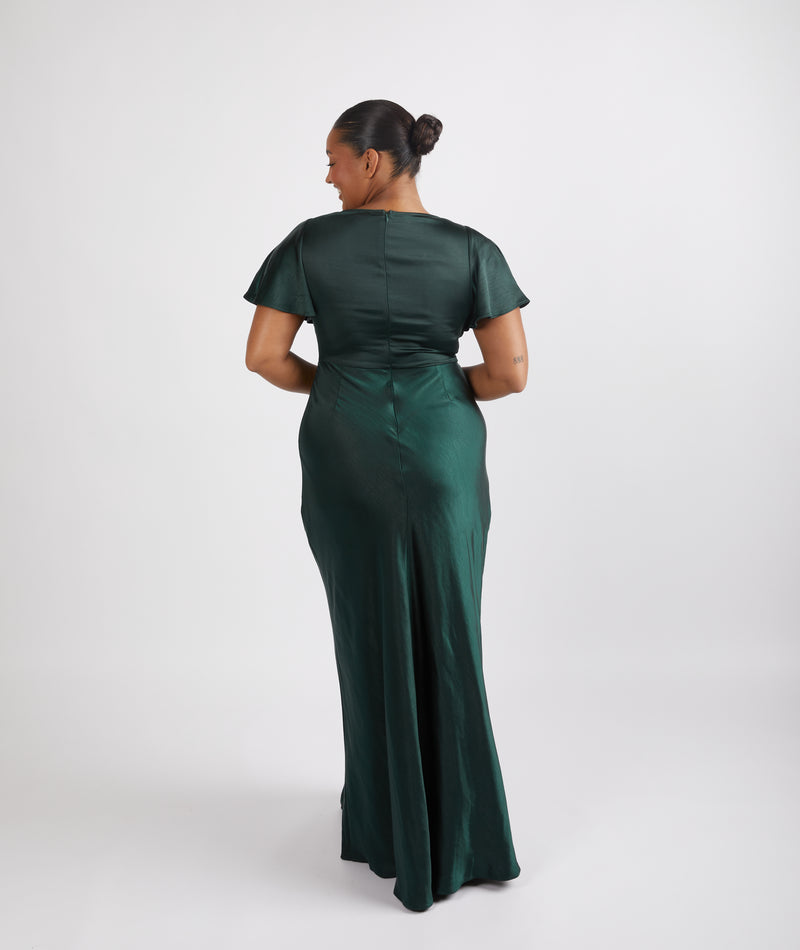 Cowl Front Satin Short Sleeve Bridesmaid Dress - Emerald | Six Stories Cowl Front Satin Short Sleeve Bridesmaid Dress - Emerald | Six Stories