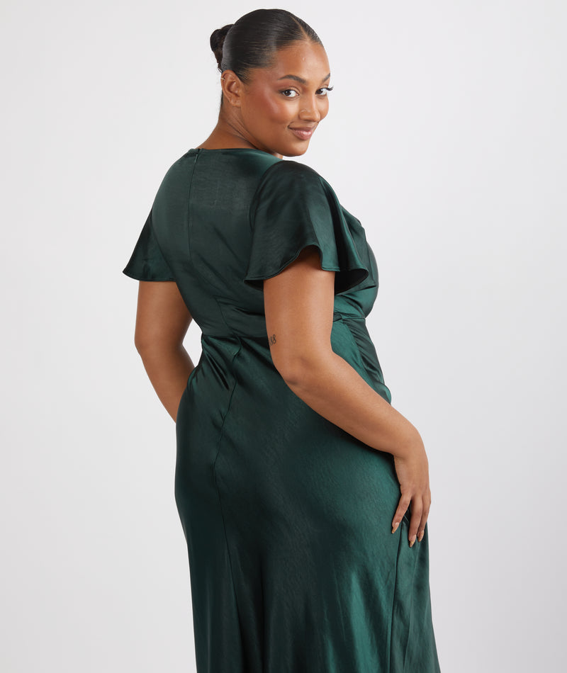 green satin dress short sleeve Asymmetrical Midi Bridesmaid Dress with Short Sleeve and Ruffled V-Neck