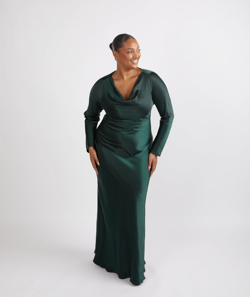 Six Stories COWL-FRONT Long-Sleeve Satin Maxi Dress - Emerald Six Stories COWL-FRONT Long-Sleeve Satin Maxi Dress - Emerald
