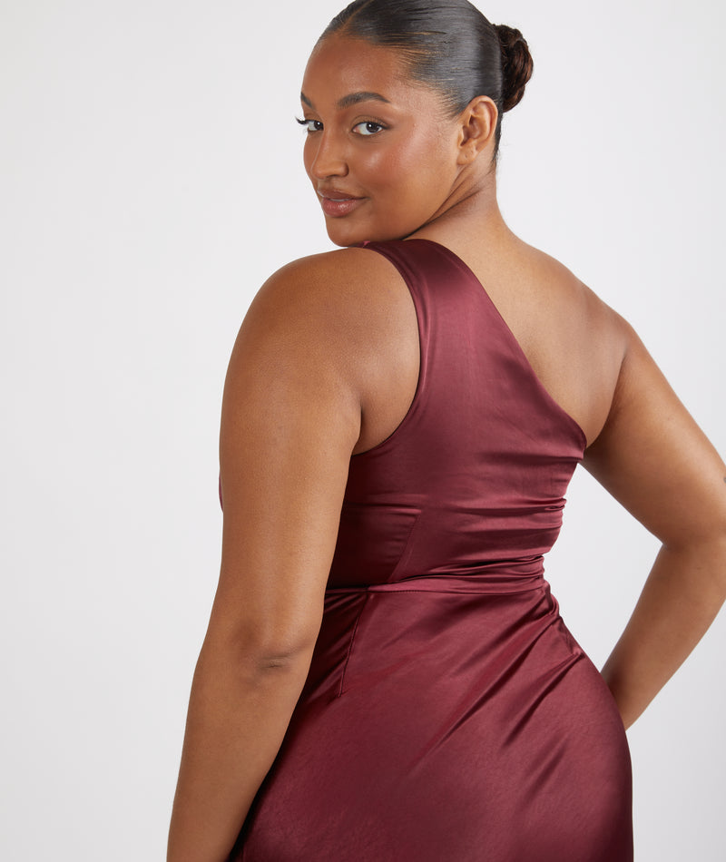 One Shoulder Satin Ruched Bridesmaid Dress - Deep Wine | Six Stories | Sizes from 2-14 One Shoulder Satin Ruched Bridesmaid Dress - Deep Wine | Six Stories | Sizes from 2-14