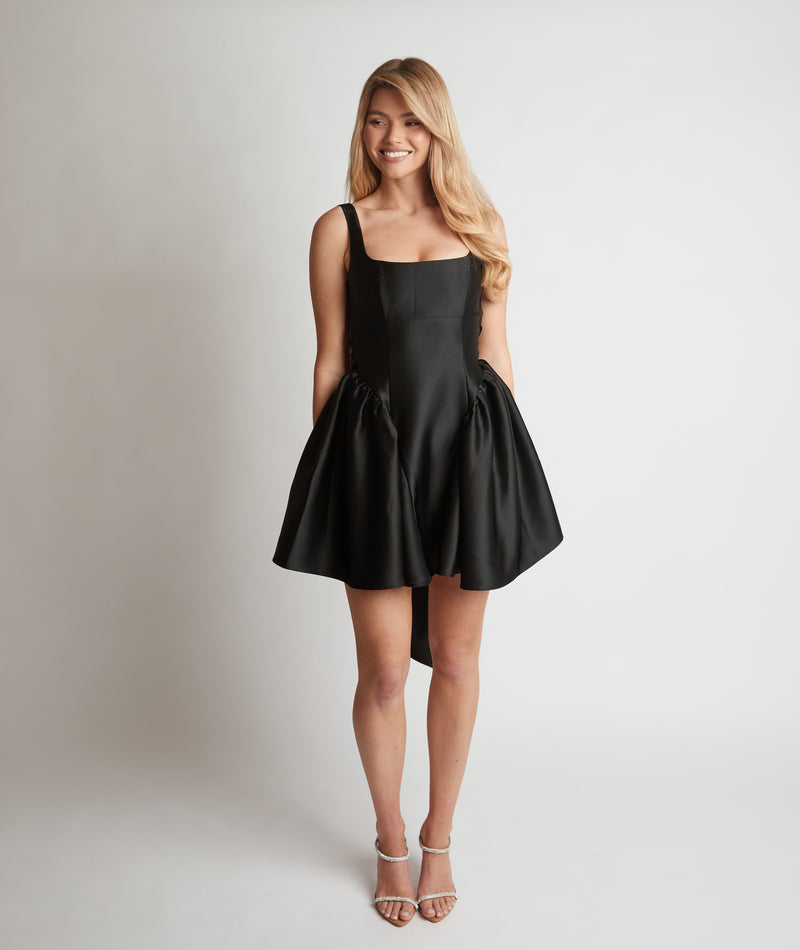 Satin Bow Back Pleated Skirt Mini Dress - Black Six Stories Satin Bow Back Pleated Skirt Mini Dress - Black Six Stories