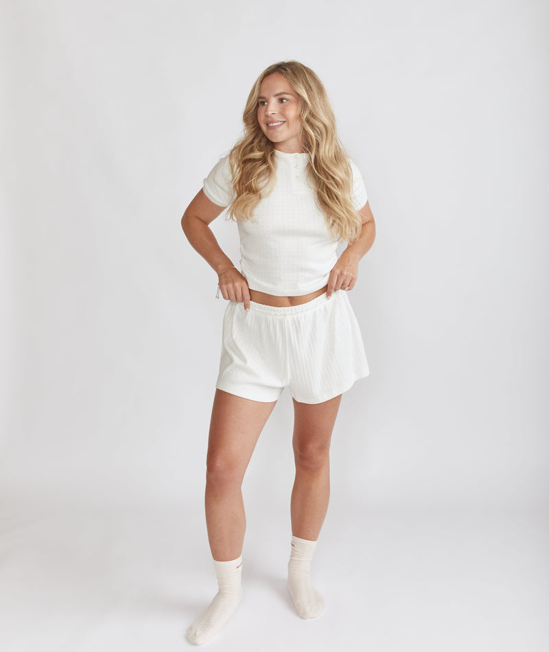 Short Sleeve Pointelle Top & Pointelle Pyjama Short Set - Coconut