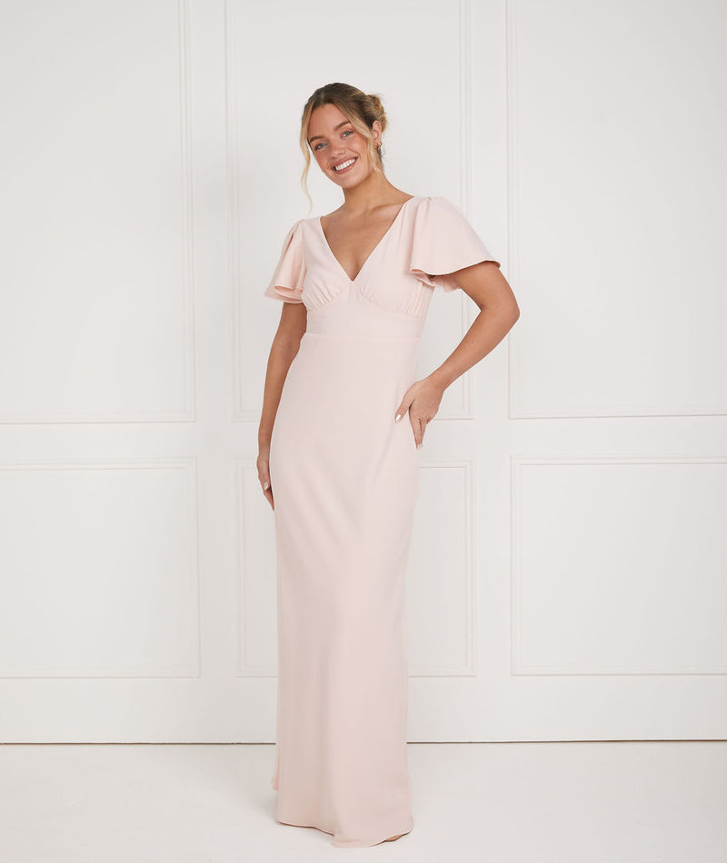 Flutter Sleeve V Neck Plunge Crepe Bridesmaid Dress - Blush | Six Stories Flutter Sleeve V Neck Plunge Crepe Bridesmaid Dress - Blush | Six Stories