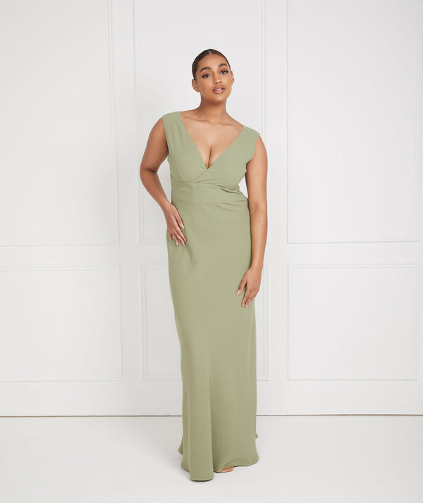 sage bridesmaid satin twist plunge halterneck maxi dress Sage Green Halter Chiffon Bridesmaid Maxi Dress