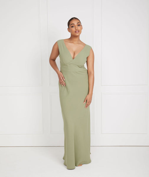 V Neck Plunge Crepe Bridesmaid Dress - Sage