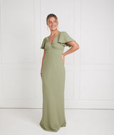 Flutter Sleeve V Neck Crepe Bridesmaid Dress - Sage