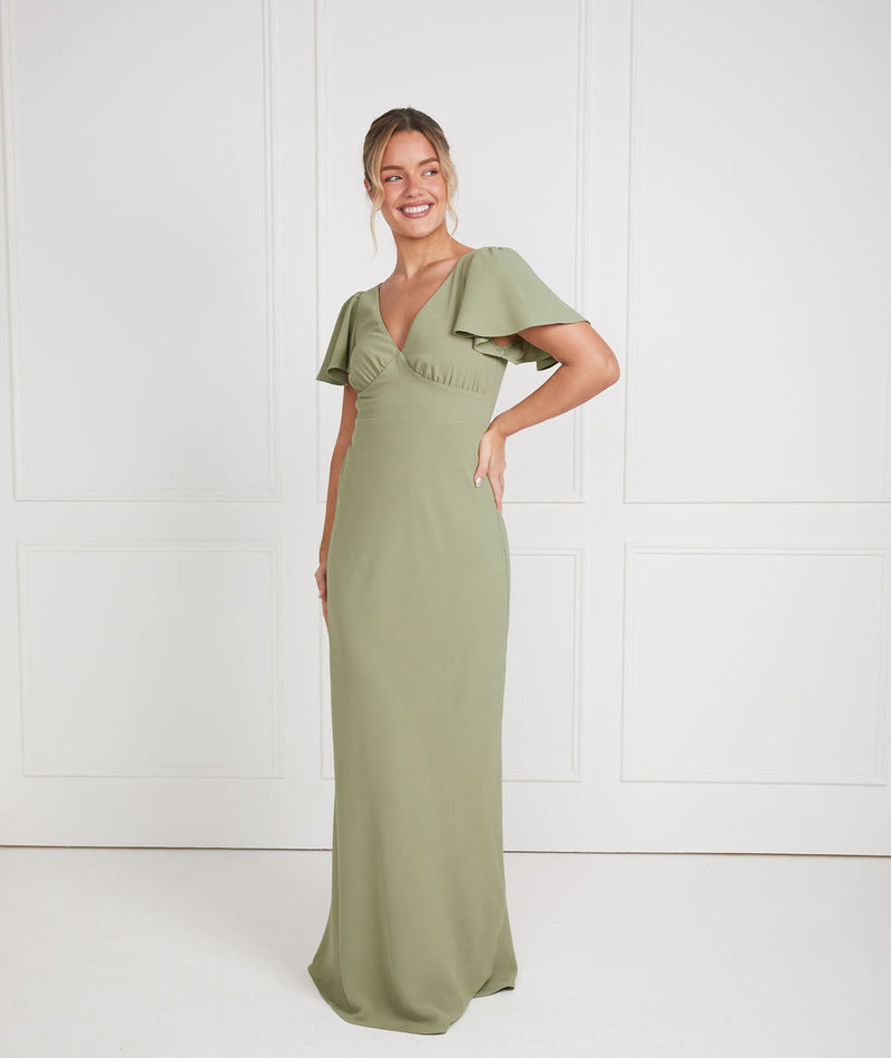 Flutter Sleeve V Neck Plunge Crepe Bridesmaid Dress - Sage | Six Stories- Size US 2 Flutter Sleeve V Neck Plunge Crepe Bridesmaid Dress - Sage | Six Stories- Size US 2