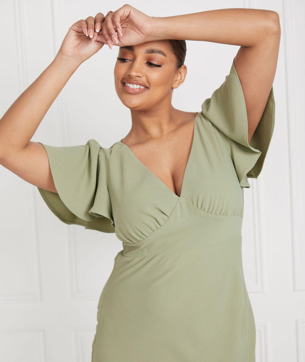 Flutter Sleeve V Neck Crepe Bridesmaid Dress - Sage