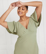 Flutter Sleeve V Neck Crepe Bridesmaid Dress - Sage