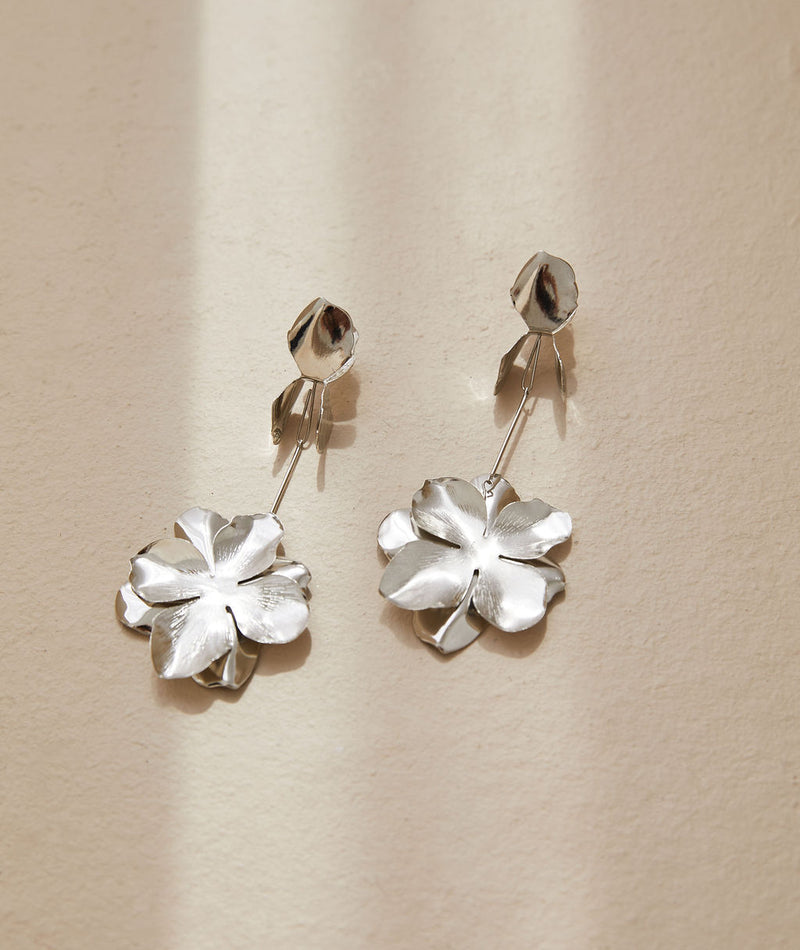 Flower Pendant Earrings - Silver