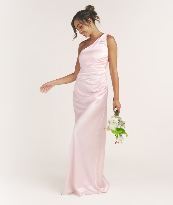 One Shoulder Satin Bridesmaid Dress - Pale Pink