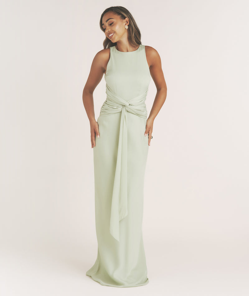 Twist Drape Satin Maxi Dress - Sage Six Stories Twist Drape Satin Maxi Dress - Sage Six Stories