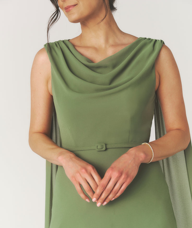 Cowl Front Drape Detail Belted Midi Dress - Sage