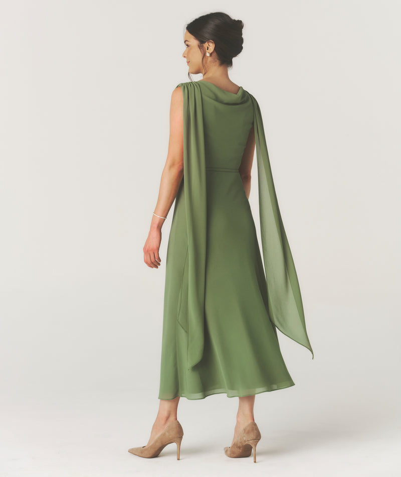 Cowl Front Drape Detail Belted Midi Dress - Sage