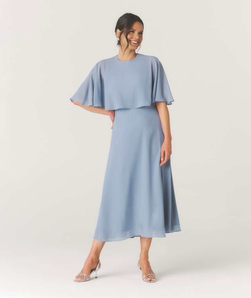 Cape Overlay Chiffon Midaxi Dress - Pale Blue