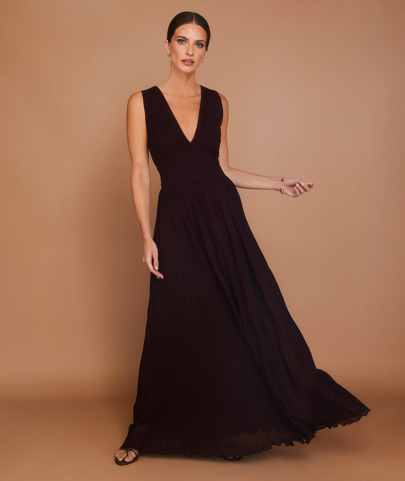 Pleated Plunge Maxi Dress - Wine