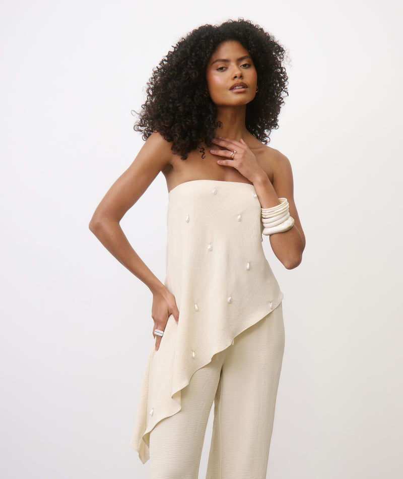 Marisol Pearl Beaded Bandeau Top - Stone | Resortwear Co-ord | Six Stories Marisol Pearl Beaded Bandeau Top - Stone | Resortwear Co-ord | Six Stories