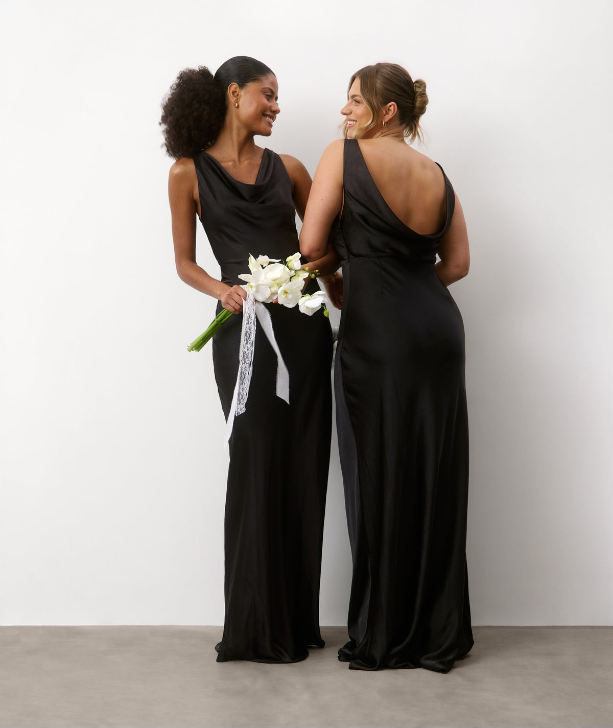 Cowl Back Satin Bridesmaid Dress - Black