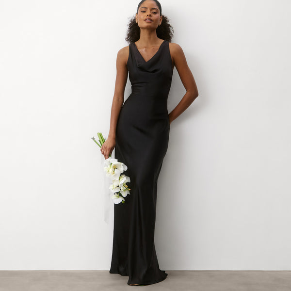 black silk dress cowl neck 100% Mulberry Silk Spaghetti Strap Cowl Neck Bias Midi Dress with Split  Design