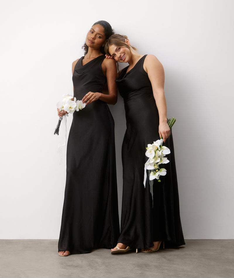 cowl front satin dress Warehouse Women's Satin Tie Neck Cowl Front Maxi Dress in Olive