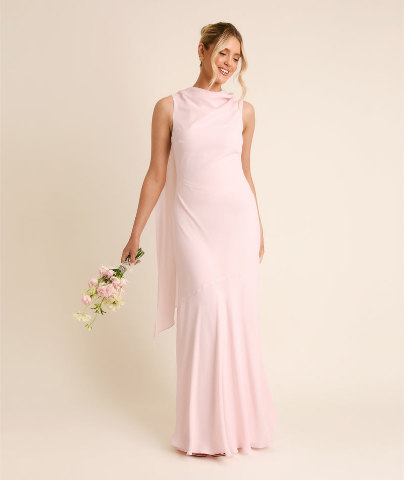Six Stories Bridesmaid crepe High Cowl Neck maxi Dress in light pink