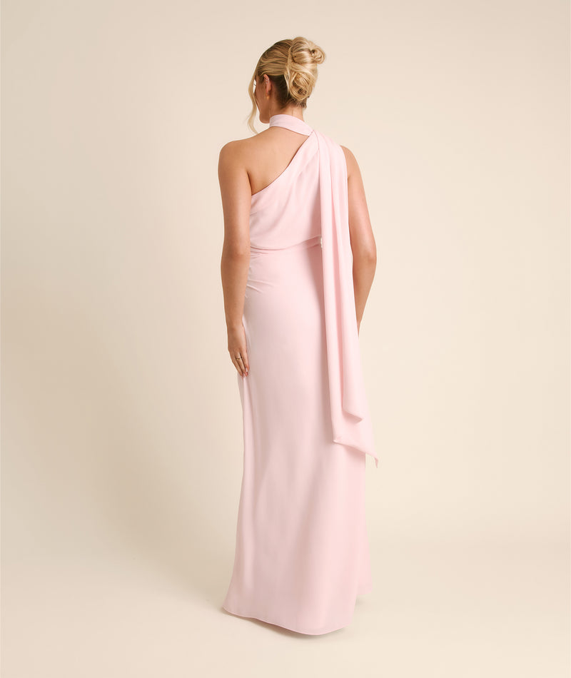 One Shoulder Neck Tie Chiffon Bridesmaid Dress - Blush Pink