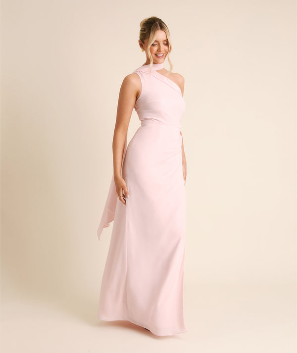 pink bridesmaid dress with scarf Square Neck Chiffon Neck this pale pink bridesmaid