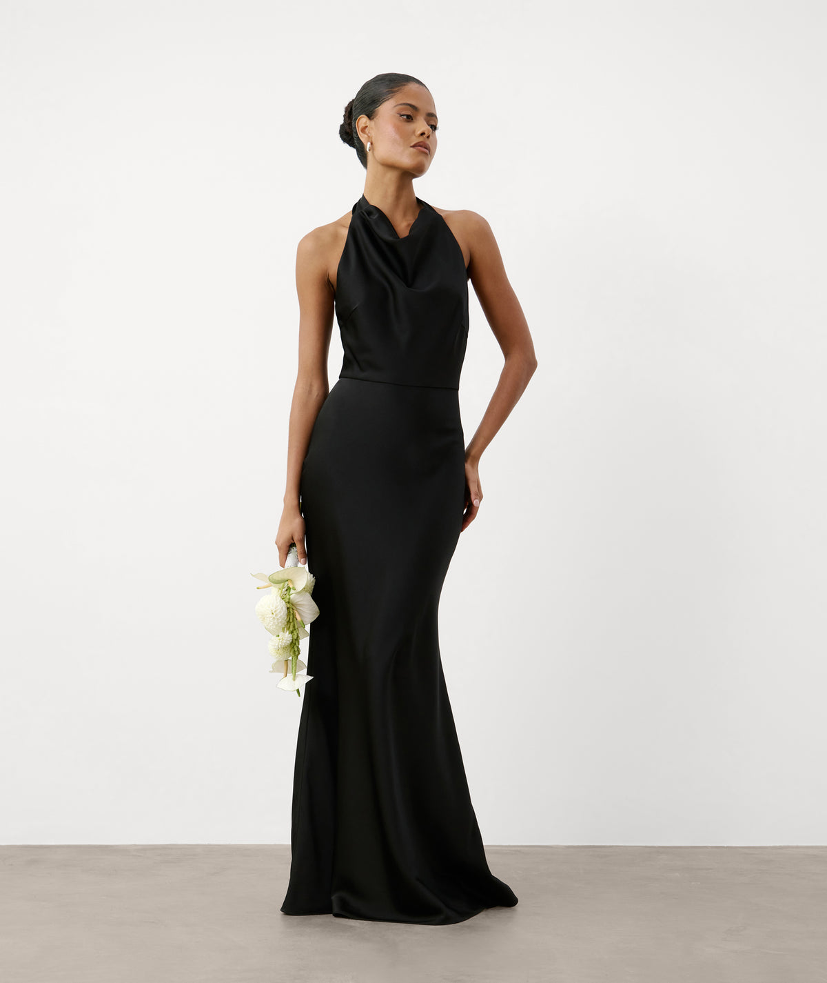 Halter Neck Cowl Satin Bridesmaid Dress - Black