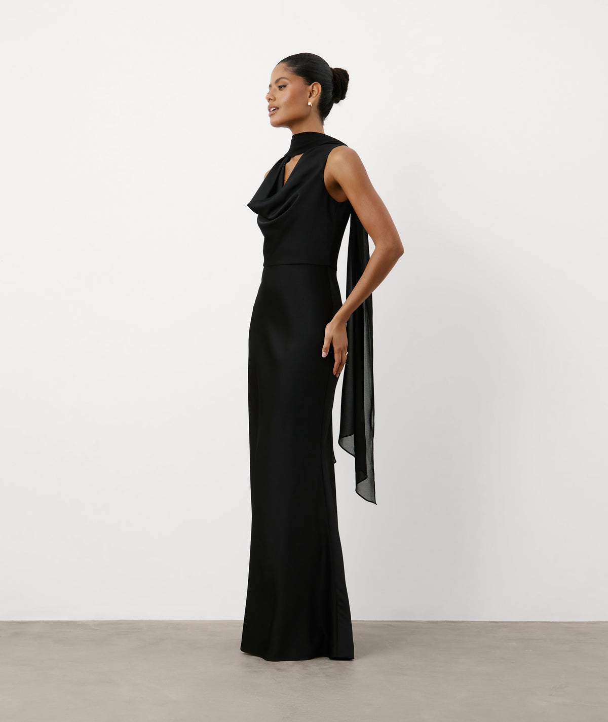 Cowl Front Satin Bridesmaid Dress - Black