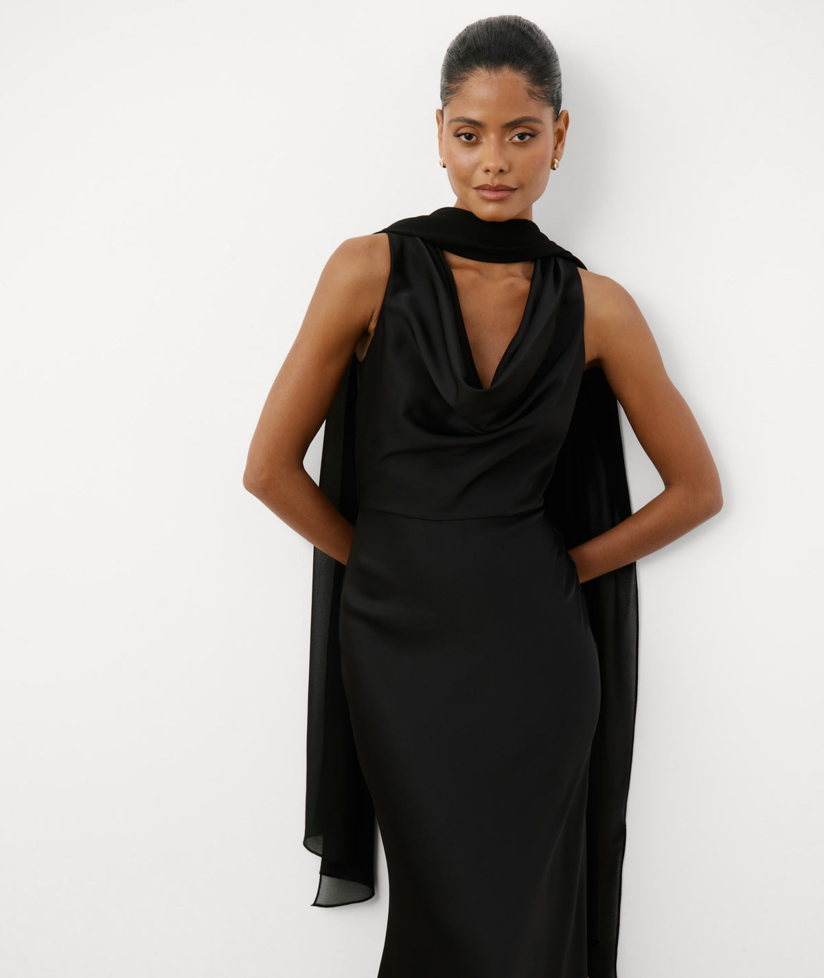 Cowl Front Satin Bridesmaid Dress - Black
