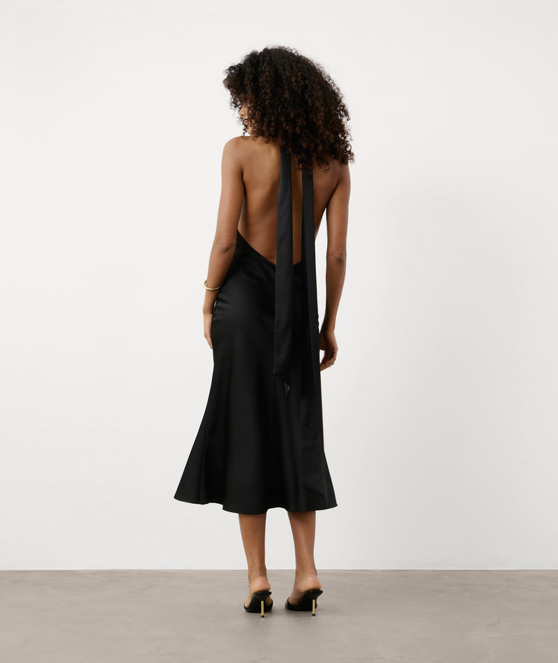 Plunge Tie Satin Midi Dress - Black