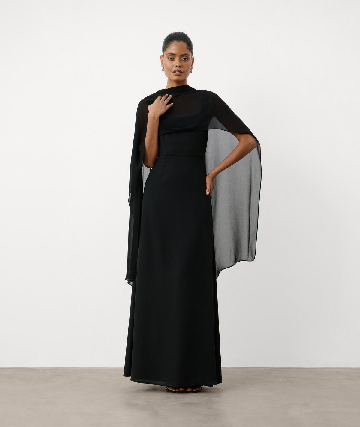 Square Neck Chiffon Bridesmaid Dress with Neck Scarf - Black