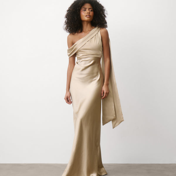One Shoulder Drape Satin Bridesmaid Dress - Champagne- Size US 12 One Shoulder Drape Satin Bridesmaid Dress - Champagne- Size US 12