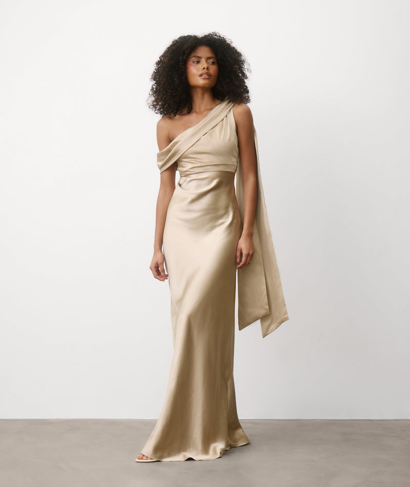 One Shoulder Drape Satin Bridesmaid Dress - Champagne Six Stories One Shoulder Drape Satin Bridesmaid Dress - Champagne Six Stories