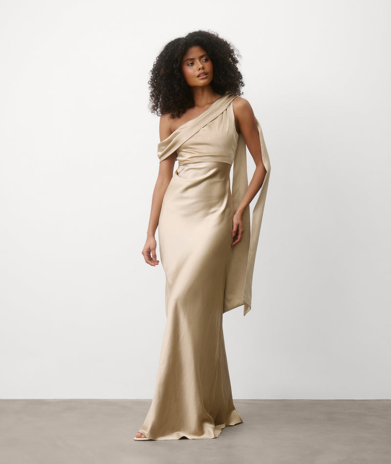 One Shoulder Drape Satin Bridesmaid Dress - Champagne- Size US 12 One Shoulder Drape Satin Bridesmaid Dress - Champagne- Size US 12