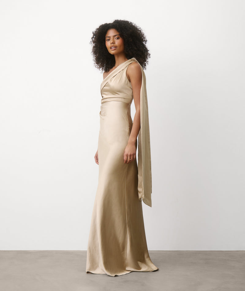 One Shoulder Drape Satin Bridesmaid Dress - Champagne- Size US 12