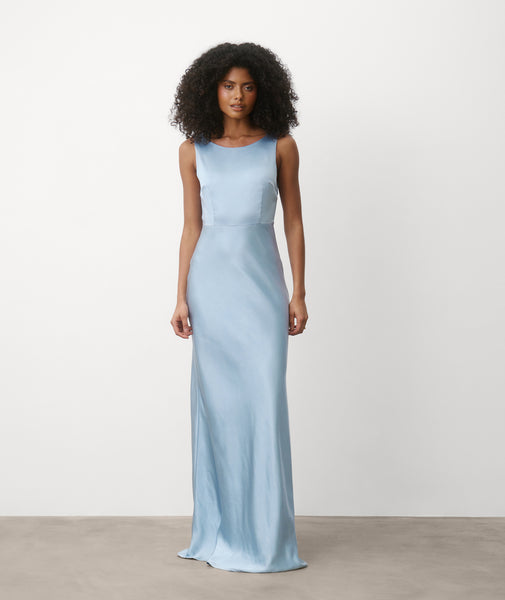 Cowl Back Satin Bridesmaid Dress - Dusty Blue  Six Stories