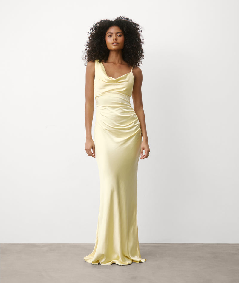 Cowl Asymmetrical Satin Bridesmaid Dress - Butter Lemon- Size US 10 Cowl Asymmetrical Satin Bridesmaid Dress - Butter Lemon- Size US 10