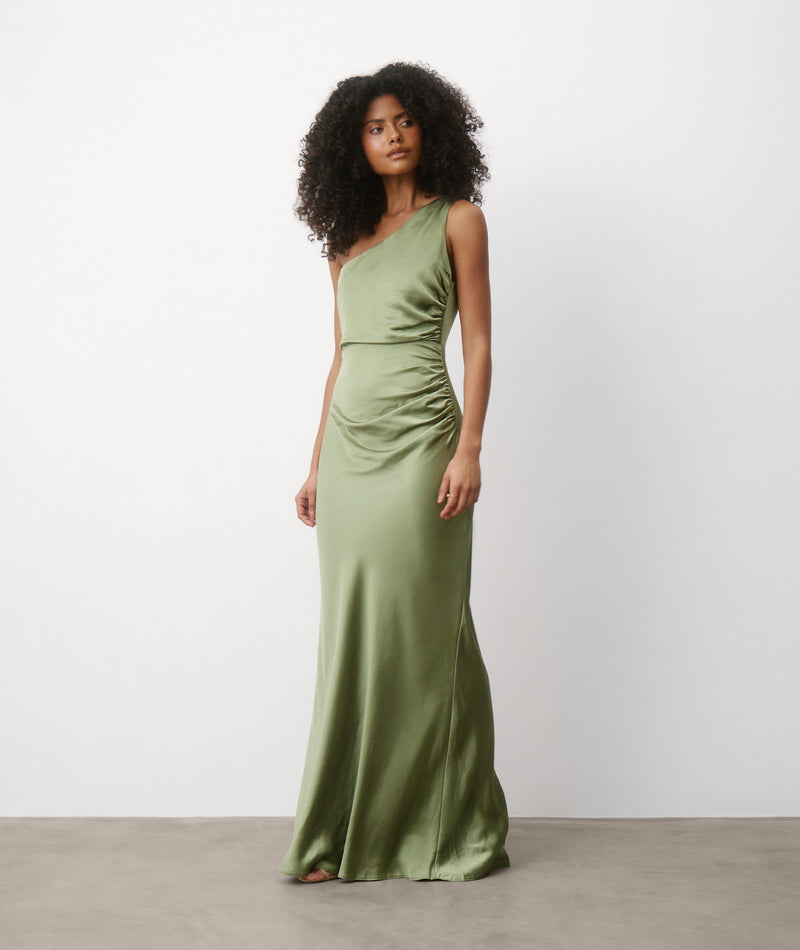 One Shoulder Satin Ruched Bridesmaid Dress - Moss Green | Six Stories- Size US 14 One Shoulder Satin Ruched Bridesmaid Dress - Moss Green | Six Stories- Size US 14