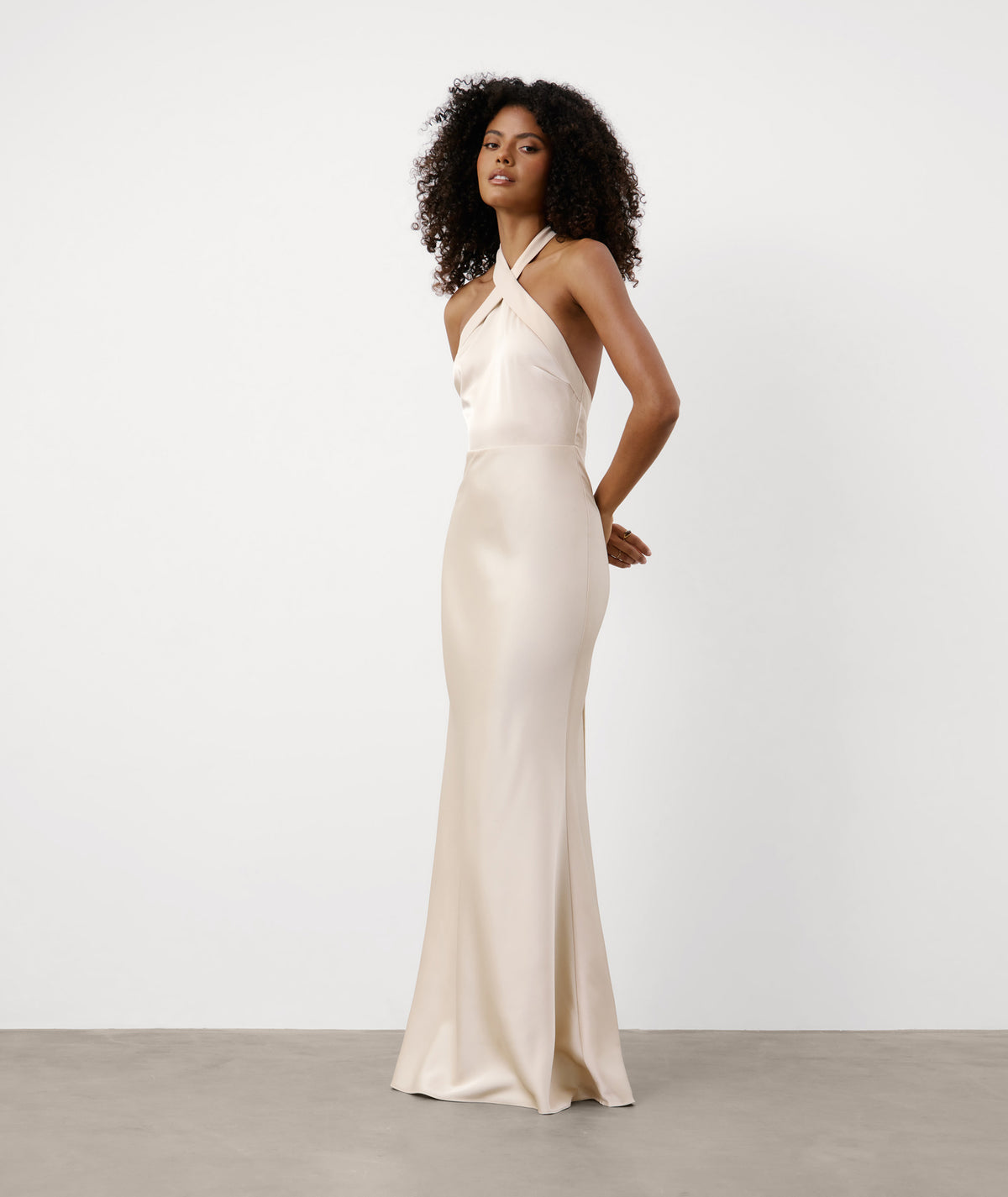 Cross Halter Neck Satin Bridesmaid Dress - Soft Champagne