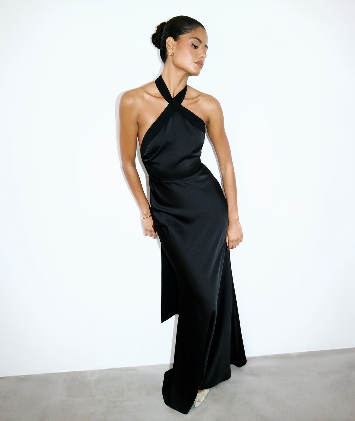Cross Halter Neck Satin Bridesmaid Dress - Black
