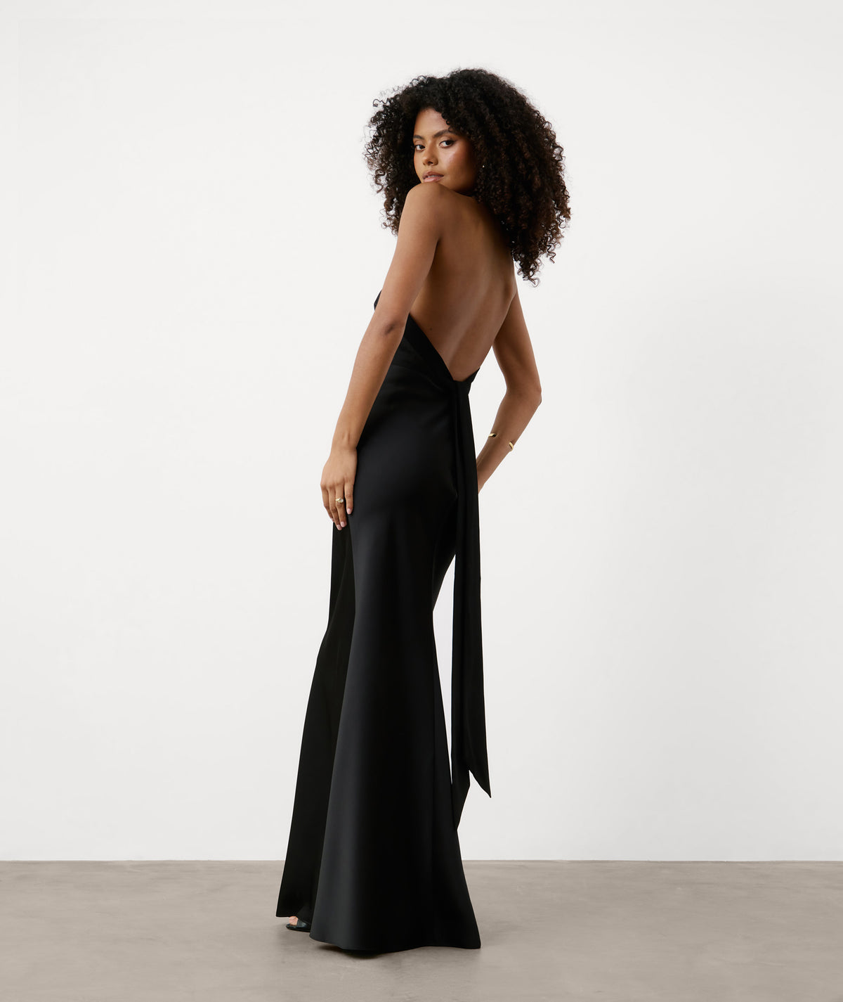Cross Halter Neck Satin Bridesmaid Dress - Black
