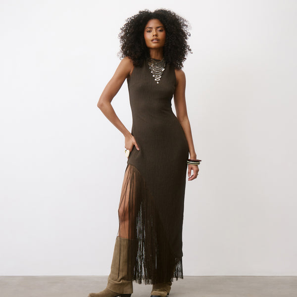 Fringe Asymmetrical Maxi Dress