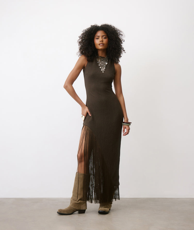 Fringe Asymmetrical Maxi Dress - Chocolate- Size US 2 Fringe Asymmetrical Maxi Dress - Chocolate- Size US 2