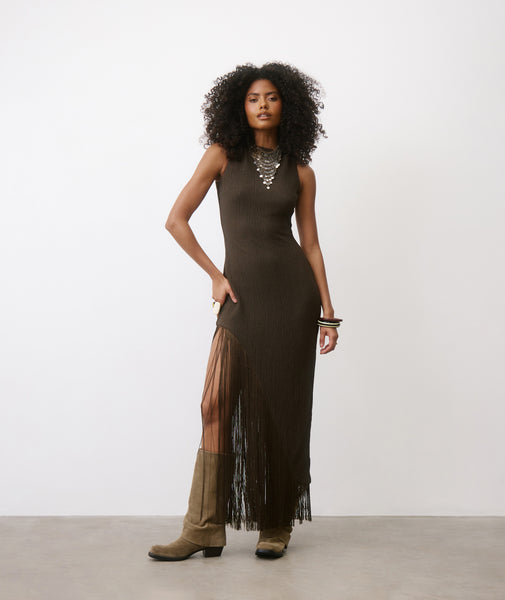 brown fringe maxi dress Jade Fringe V-Neck Maxi Dress UK 14 / US 10 main image 1