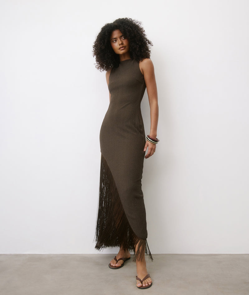 maxi dress chocolate Fringe Asymmetrical Maxi Dress