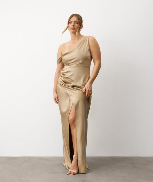 Asymmetrical Bardot Strap Satin Bridesmaid Dress - Champagne