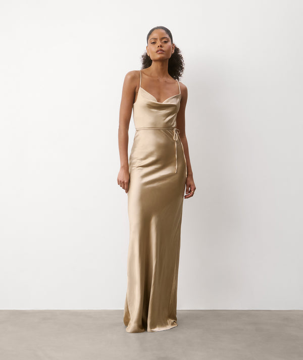 champagne coloured dress for wedding guest Cowl Back Satin Bridesmaid Dress - Champagne
