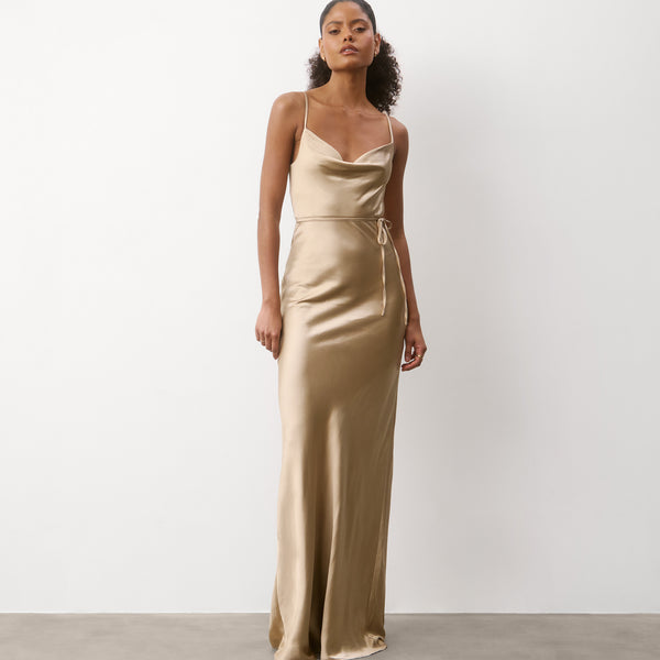 kamea tawny brown satin draped front open back midi dress Strapless Matte Satin Pleated Drop Waist Dress